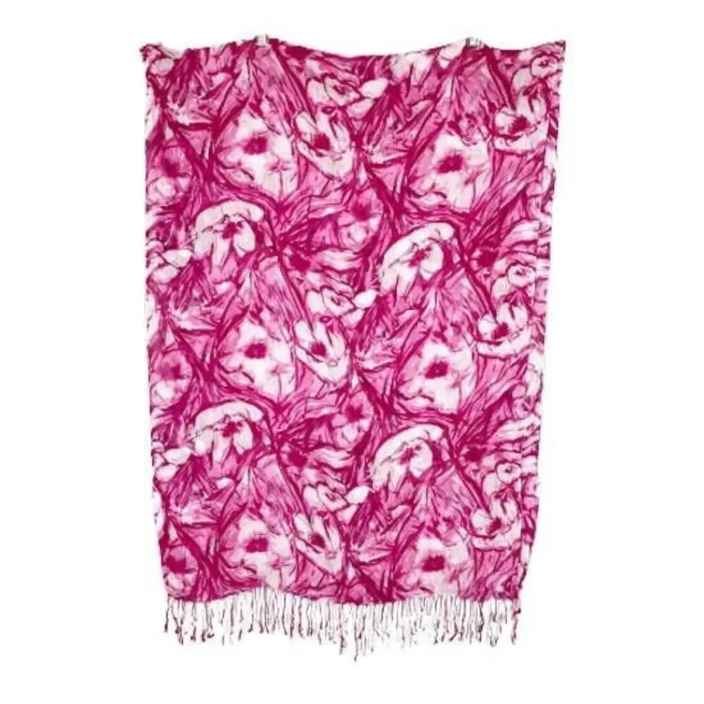 Soft Semi Sheer Viscose Gauze Rectangle Scarf Wrap Pink White Floral Fringe Ends